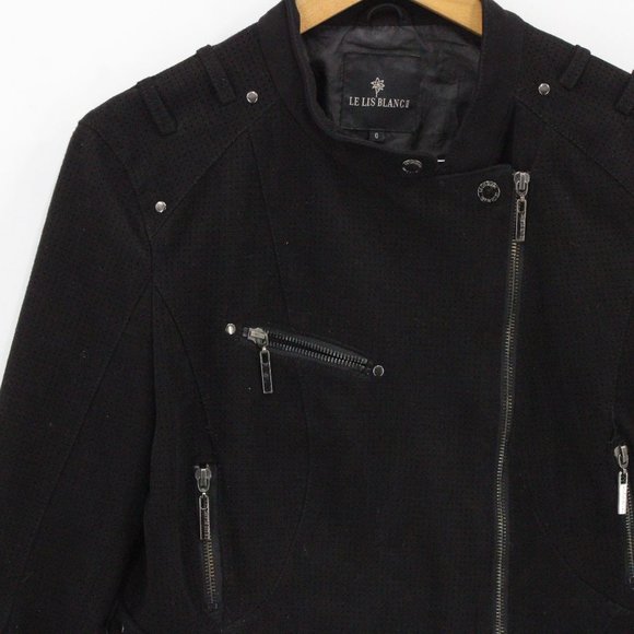 LE LIS BLANC Biker Jacket Womens Black Asymmetrical Zipper Cropped Size 6 - Picture 3 of 9